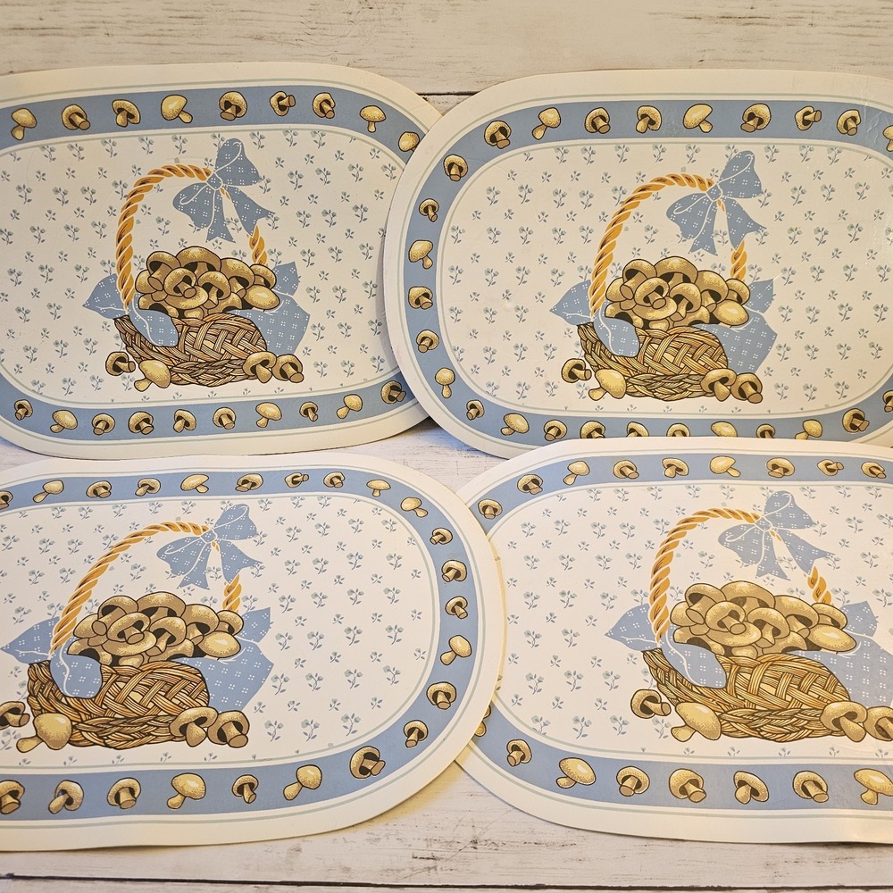 Vintage‎ Mushroom Vinyl Placemat Set of 4 Blue White Cottagecore Country Kitchen